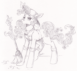 Size: 2481x2284 | Tagged: safe, artist:faline-art, character:princess luna, species:alicorn, species:pony, black and white, broom, female, glowing horn, grayscale, looking at you, magic, mare, monochrome, solo, sweeping, telekinesis, traditional art