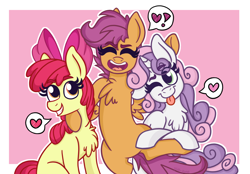 Size: 1000x697 | Tagged: safe, artist:pink-pone, character:apple bloom, character:scootaloo, character:sweetie belle, species:pegasus, species:pony, adorabloom, blep, chest fluff, cute, cutealoo, cutie mark crusaders, diasweetes, heart, older, one eye closed, silly, tongue out, wink