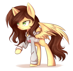 Size: 1420x1396 | Tagged: safe, artist:snowbunny0820, oc, oc only, oc:cocoa, species:pegasus, species:pony, art trade, body freckles, clothing, eye clipping through hair, female, freckles, hoodie, mare, simple background, solo, spread wings, transparent background, wings