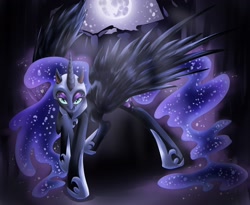 Size: 2200x1800 | Tagged: safe, artist:dream--chan, character:nightmare moon, character:princess luna, species:alicorn, species:pony, beautiful, ethereal mane, eyelashes, female, jewelry, looking at you, mare, moon, regalia, solo, wings