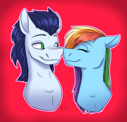 Size: 4708x4530 | Tagged: safe, artist:ggchristian, character:rainbow dash, character:soarin', species:pony, ship:soarindash, absurd resolution, bust, duo, female, male, mare, nuzzling, portrait, red background, shipping, simple background, stallion, straight
