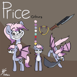 Size: 5333x5333 | Tagged: safe, artist:pencilbrony, oc, oc:price, species:dracony, species:pony, comic:purple flame mercenary, absurd resolution, comic, female, grin, half-dragon, mare, mercenary, mouth hold, reference sheet, smiling, sword, weapon