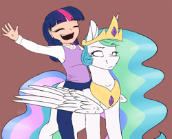 Size: 5526x4470 | Tagged: safe, artist:ggchristian, character:princess celestia, character:twilight sparkle, species:human, absurd resolution, celestia is not amused, humanized, humans riding ponies, riding, simple background, sweater vest, unamused