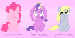 Size: 900x456 | Tagged: safe, artist:hip-indeed, character:derpy hooves, character:pinkie pie, character:screwball, species:pegasus, species:pony, female, mare, three wise monkeys