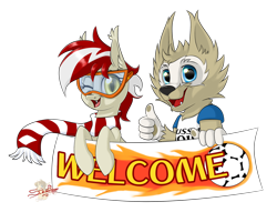 Size: 1024x781 | Tagged: safe, artist:unisoleil, oc, oc:red-white flash, species:bat pony, species:pony, species:wolf, banner, clothing, female, football, goggles, mare, one eye closed, scarf, simple background, transparent background, wink, world cup, world cup 2018, zabivaka