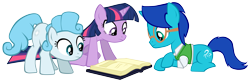 Size: 5889x1926 | Tagged: safe, artist:petraea, character:twilight sparkle, oc, oc:andromeda, oc:clue, species:earth pony, species:pony, species:unicorn, book, female, glasses, male, mare, prone, simple background, stallion, sweater vest, transparent background, vector