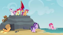 Size: 3840x2160 | Tagged: safe, artist:perplexedpegasus, character:apple bloom, character:button mash, character:pinkie pie, character:scootaloo, character:starlight glimmer, character:sweetie belle, species:pegasus, species:pony, beach, cutie mark crusaders
