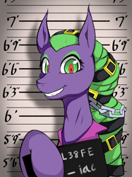 Size: 1240x1662 | Tagged: safe, artist:theobrobine, character:mane-iac, species:pony, chains, female, height scale, looking at you, mare, mugshot, prisoner, smiling, solo