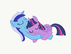 Size: 1024x768 | Tagged: safe, artist:turnaboutart, base used, character:minuette, character:twilight sparkle, character:twilight sparkle (alicorn), species:alicorn, species:pony, species:unicorn, ship:twinuette, cuddling, eyes closed, female, lesbian, minuelight, shipping