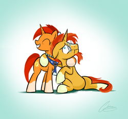 Size: 1024x956 | Tagged: safe, artist:oinktweetstudios, character:stellar flare, character:sunburst, species:pony, species:unicorn, cute, female, glasses, happy, hug, male, mare, mother and son, mother's day, nervous, smiling, stallion, sweat