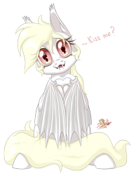 Size: 801x1046 | Tagged: safe, artist:unisoleil, oc, oc:albi light wing, species:bat pony, species:pony, albino, bat pony oc, covering, fangs, female, head tilt, mare, red eyes, simple background, sitting, sitting pretty, slit eyes, solo, transparent background, wide eyes, wing covering