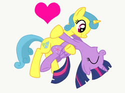 Size: 2732x2048 | Tagged: safe, artist:turnaboutart, character:lemon hearts, character:twilight sparkle, character:twilight sparkle (alicorn), species:alicorn, species:pony, species:unicorn, fanfic:twilight sparkle and lemon hearts love life, ship:lemonlight, cutie mark, dancing, female, folded wings, heart, holding hooves, lesbian, mare, shipping, smiling, teeth