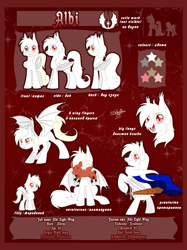 Size: 800x1067 | Tagged: safe, artist:unisoleil, oc, oc:albi light wing, species:pony, albino, bat wings, female, mare, nightpony, reference, reference sheet, sword, weapon, white mane