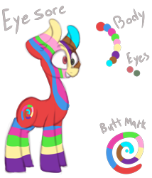 Size: 3000x3500 | Tagged: safe, artist:claudearts, oc, oc only, oc:eyesore, species:earth pony, species:pony, cross-eyed, cutie mark, derp, ear fluff, eye candy, grin, heterochromia, long neck, mismatched eyes, multicolored, reference sheet, simple background, smiling, solo, stripes, transparent background, wat, wide eyes