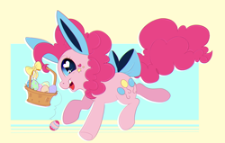 Size: 2276x1448 | Tagged: safe, artist:ponycide, character:pinkie pie, species:earth pony, species:pony, basket, bow, bunny ears, easter, easter basket, easter egg, female, heart eyes, holiday, mare, simple background, solo, wingding eyes