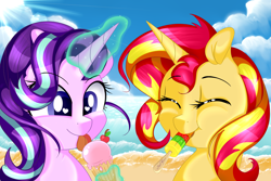Size: 4500x3000 | Tagged: safe, artist:saralien, character:starlight glimmer, character:sunset shimmer, species:pony, species:unicorn, beach, bust, cherry, cute, duo, eating, eyes closed, female, food, glimmerbetes, glowing horn, heart eyes, ice cream, magic, mare, popsicle, portrait, shimmerbetes, smiling, sun, telekinesis, wingding eyes
