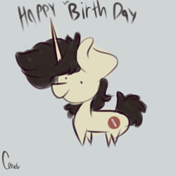 Size: 3000x3000 | Tagged: safe, artist:claudearts, oc, oc only, oc:keith, species:pony, species:unicorn, birthday, cutie mark, derp, gift art, gray background, signature, simple background, solo