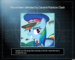 Size: 1280x1024 | Tagged: safe, artist:a4r91n, character:rainbow dash, species:pegasus, species:pony, cap, clothing, command and conquer, command and conquer: generals, crossover, hat, jet, military uniform, smug, uniform, you lose