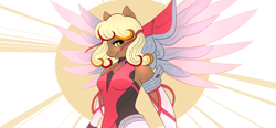 Size: 1374x640 | Tagged: safe, artist:ponycide, oc, oc only, oc:cheese breeze, species:anthro, anthro oc, blushing, clothing, costume, crossover, eyelashes, female, lidded eyes, looking at you, mercy, overwatch, smiling, smirk, solo, suit, tight clothing