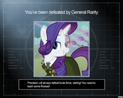 Size: 1280x1024 | Tagged: safe, artist:a4r91n, character:rarity, species:pony, species:unicorn, clothing, command and conquer, command and conquer: generals, crossover, female, hmd, laser, lidded eyes, looking at you, military uniform, solo, uniform, you lose