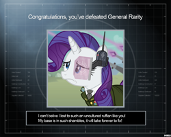 Size: 1280x1024 | Tagged: safe, alternate version, artist:a4r91n, character:rarity, species:pony, species:unicorn, clothing, command and conquer, command and conquer: generals, crossover, disappointed, female, frown, hmd, laser, military uniform, solo, uniform, you win