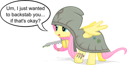 Size: 6484x3312 | Tagged: safe, artist:jittery-the-dragon, character:fluttershy, absurd resolution, blood, clothing, cute, female, hoodie, if that's okay with you, knife, pathfinder, rogue, shyabetes, simple background, solo, transparent background, vector
