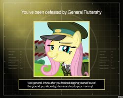 Size: 1280x1024 | Tagged: safe, artist:a4r91n, character:fluttershy, species:pegasus, species:pony, artillery, cannon, cap, clothing, command and conquer, command and conquer: generals, crossover, female, hat, lidded eyes, looking at you, military uniform, missile, missile launcher, necktie, peaked cap, smug, solo, uniform, you lose