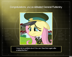 Size: 1280x1024 | Tagged: safe, alternate version, artist:a4r91n, character:fluttershy, species:pegasus, species:pony, artillery, cannon, cap, clothing, command and conquer, command and conquer: generals, crossover, crying, female, hat, military uniform, missile, missile launcher, necktie, peaked cap, sad, solo, uniform, you win