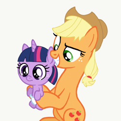 Size: 1024x1024 | Tagged: safe, artist:turnaboutart, base used, character:applejack, character:twilight sparkle, character:twilight sparkle (alicorn), species:alicorn, species:earth pony, species:pony, fanfic:mama applejack, age regression, applejack's hat, baby, baby pony, babylight sparkle, clothing, cowboy hat, diaper, female, foal, freckles, hairband, hat, mama applejack, mare, mommajack