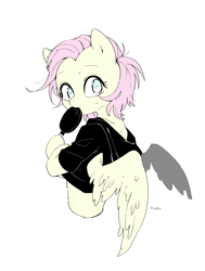 Size: 1300x1720 | Tagged: safe, artist:potetecyu_to, character:fluttershy, species:pegasus, species:pony, alternate hairstyle, bust, clothing, female, food, head turn, hoodie, hoof hold, ice cream, looking at you, looking back, mare, short hair, simple background, solo, spread wings, white background, wings