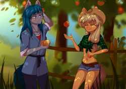 Size: 3508x2480 | Tagged: safe, artist:shiro-roo, character:applejack, oc, oc:hiroki, species:anthro, apple, arm behind head, belly, belly button, canon x oc, clothing, couple, cowboy hat, daisy dukes, dappled sunlight, duo, female, flannel, food, front knot midriff, hat, hirojack, kimono (clothing), midriff, orchard, scar, shirt, shirt lift, shorts, smiling, stetson