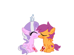 Size: 2732x2048 | Tagged: safe, artist:turnaboutart, base used, character:diamond tiara, character:scootaloo, species:earth pony, species:pegasus, species:pony, episode:hearts and hooves day, g4, my little pony: friendship is magic, blushing, card, colt, cute, female, filly, half r63 shipping, hearts and hooves day cards, jewelry, kissing, male, rule 63, scooteroll, scootertiara, scootiara, shipping, simple background, straight, tiara, transparent background, young love