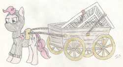 Size: 1896x1032 | Tagged: safe, artist:perplexedpegasus, character:pinkie pie, species:earth pony, species:pony, newbie artist training grounds, atg 2018, cart, clothing, female, goal, goal post, mare, solo, traditional art, wagon