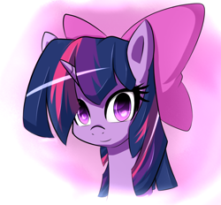 Size: 834x774 | Tagged: safe, artist:reikomuffin, character:twilight sparkle, species:pony, species:unicorn, bow, bust, female, hair bow, mare, portrait, smiling, solo, wide eyes