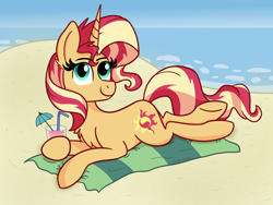Size: 1000x750 | Tagged: safe, artist:pink-pone, character:sunset shimmer, species:pony, species:unicorn, beach, beach towel, chest fluff, cocktail umbrella, cute, drink, female, holding, looking at you, mare, ocean, shimmerbetes, smiling, solo, straw