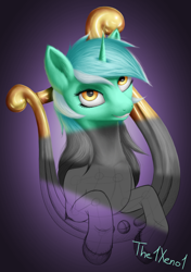 Size: 950x1350 | Tagged: safe, artist:the1xeno1, character:lyra heartstrings, species:pony, species:unicorn, female, lyre, mare, partial color, solo
