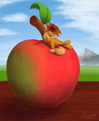 Size: 1024x1248 | Tagged: safe, artist:xormak, character:applejack, species:earth pony, species:pony, apple, appletini, clothing, cowboy hat, female, food, hat, mare, micro, sleeping, solo, tiny ponies