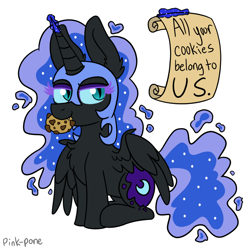 Size: 900x900 | Tagged: safe, artist:pink-pone, character:nightmare moon, character:princess luna, species:pony, all your base are belong to us, colored eyelashes, cookie, female, food, magic, mouth hold, scroll, sitting, solo, typo of unintentional hilarity