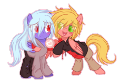 Size: 1600x1084 | Tagged: safe, artist:snowbunny0820, base used, oc, oc only, oc:finlay, oc:snowbunny, species:pegasus, species:pony, candy, clothing, eye clipping through hair, female, food, hair over one eye, hoodie, hoof hold, lollipop, male, mare, pants, simple background, stallion, transparent background