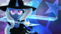 Size: 1920x1080 | Tagged: safe, artist:antylavx, artist:wolfjedisamuel, character:trixie, species:pony, species:unicorn, alicorn amulet, clothing, cutie mark background, female, hat, solo, trickster, wallpaper, witch hat