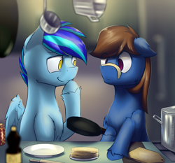 Size: 2695x2509 | Tagged: safe, artist:toanderic, oc, oc only, oc:ad, oc:stratosphere, species:earth pony, species:pegasus, species:pony, confused, cooking, frying pan, giggling, kitchen