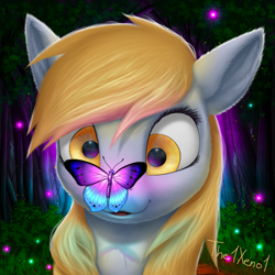 Size: 1024x1024 | Tagged: safe, artist:the1xeno1, character:derpy hooves, species:pegasus, species:pony, butterfly, butterfly on nose, cute, derpabetes, female, fluffy, insect on nose, mare, smiling, tree, weapons-grade cute