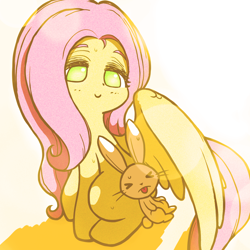 Size: 2000x2000 | Tagged: safe, artist:sigpi, character:angel bunny, character:fluttershy, species:pegasus, species:pony, species:rabbit, cute, duo, eyes closed, female, high res, male, mare, no pupils, shyabetes, smiling, sweat, tongue out, wing shelter