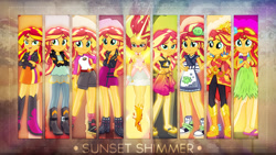 Size: 1920x1080 | Tagged: safe, artist:antylavx, character:daydream shimmer, character:sunset shimmer, episode:good vibes, eqg summertime shorts, equestria girls:dance magic, equestria girls:equestria girls, equestria girls:friendship games, equestria girls:legend of everfree, g4, my little pony: equestria girls, my little pony:equestria girls, spoiler:eqg specials, boots, clothing, converse, crystal guardian, daydream shimmer, female, geode of empathy, grass skirt, high heel boots, hulashimmer, jacket, leather, leather jacket, miniskirt, multeity, sarong, shimmerstorm, shirt, shoes, shorts, skirt, smiling, sneakers, sunset sushi, swimsuit, wallpaper