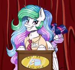 Size: 4380x4093 | Tagged: safe, artist:faline-art, character:princess celestia, character:twilight sparkle, species:alicorn, species:pony, absurd resolution, bedroom eyes, cake, cakelestia, clothing, duo, ear fluff, female, food, glasses, mare, smiling, solo focus