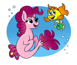 Size: 900x760 | Tagged: safe, artist:pink-pone, character:pinkie pie, species:seapony (g4), newbie artist training grounds, atg 2018, crossover, female, freddie fish, humongous entertainment, seaponified, seapony pinkie pie, solo, species swap