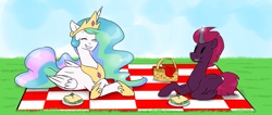 Size: 7669x3242 | Tagged: safe, artist:ggchristian, character:princess celestia, character:tempest shadow, species:alicorn, species:pony, species:unicorn, basket, food, hoof shoes, picnic basket, picnic blanket, prone, prosthetic horn, prosthetics, sandwich, tempest gets her horn back