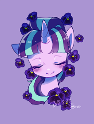 Size: 1300x1720 | Tagged: safe, artist:potetecyu_to, character:starlight glimmer, species:pony, species:unicorn, eyes closed, female, flower, mare, purple background, simple background, solo