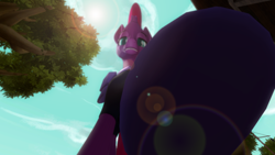 Size: 1024x576 | Tagged: safe, artist:johnnyxluna, character:tempest shadow, 3d, blurred background, blurryface, hoof shoes, hooves, lens flare, looking at you, looking down, looming over, macro, smiling, source filmmaker, sun