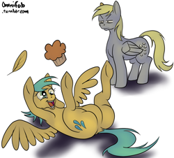 Size: 1024x926 | Tagged: safe, artist:omnifob, character:derpy hooves, character:sunshower raindrops, species:pegasus, species:pony, 30 minute art challenge, body swap, featureless crotch, female, mare, muffin, role reversal, unamused